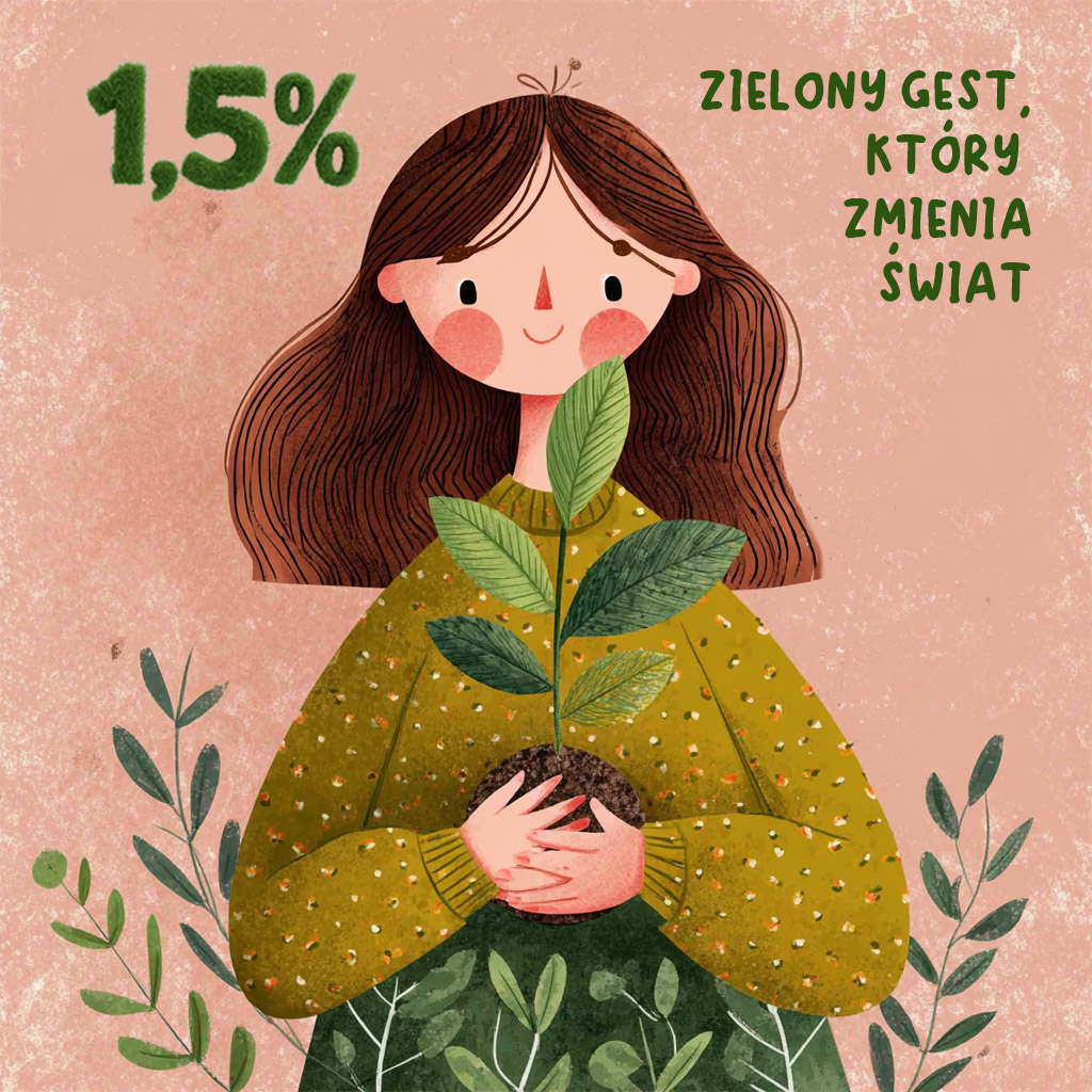 Ilustracja uśmiechniętej dziewczyny o długich brązowych włosach, trzymającej w rękach młodą roślinę z bryłą ziemi. Wokół niej znajdują się zielone liście i pędy. W lewym górnym rogu widnieje napis ‘1,5%’, a po prawej ‘Zielony gest, który zmienia świat